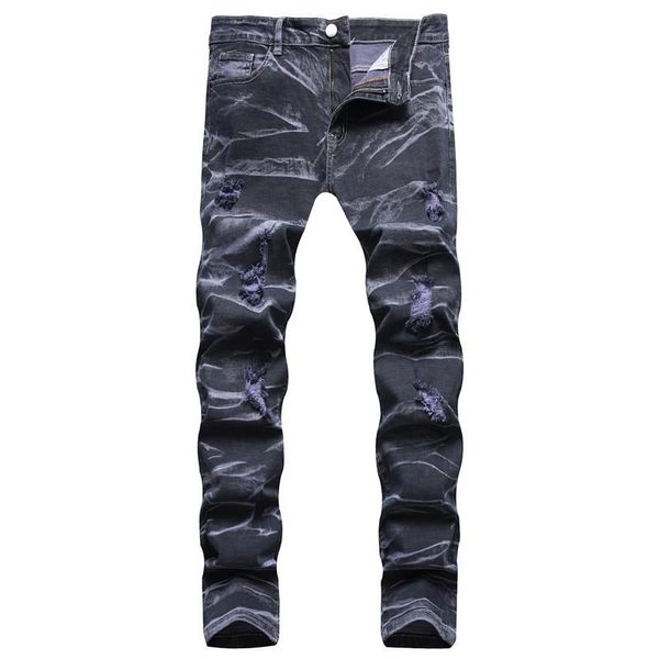 

men's jeans 2021 men 's straight stretch personality tie-dye ripped denim trousers, Blue