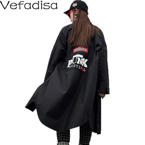 

women's trench coats vefadisa letter printed coat woman 2021 autumn winter covered button pocket loose black lapel qyf1453, Tan;black