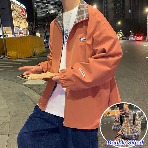 

men's jackets 2021 coat spring autumn casual stand jacket men korean reversible plaid fashion all match loose fit women, Black;brown