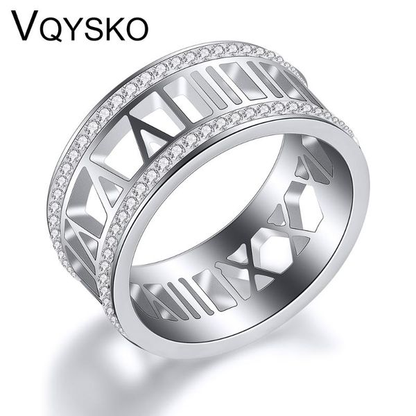 

wedding rings hollow out roman number brand jewelry for women fashion stainless steel 9mm width 2 row crystal ring drop, Slivery;golden