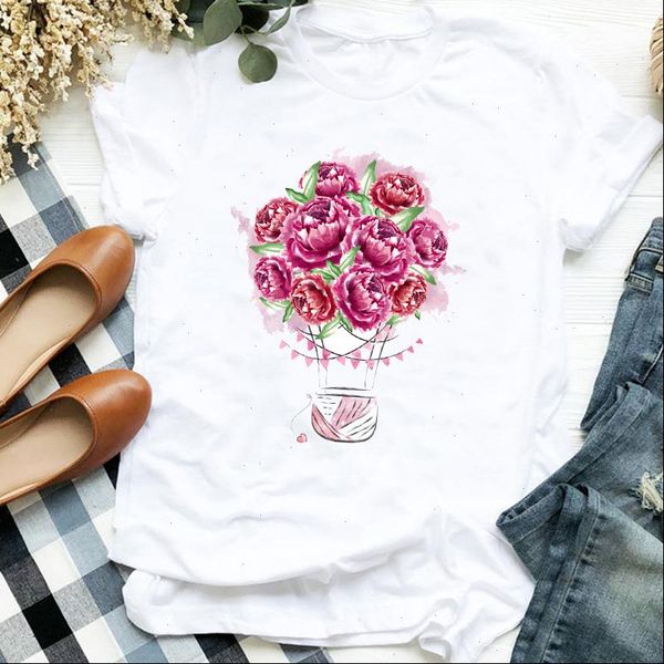 

90s floral balloon cartoon womens t shirts cute print tee clothes graphic, White
