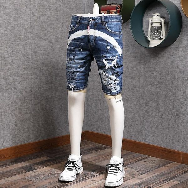 

men's jeans summer men's letter printed ripped short men fashion casual slim fit cotton stretch denim shorts, Blue