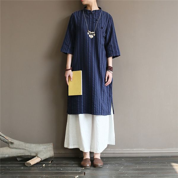 

johnature striped cotton linen dress stand women summer vintage loose cheongsam button shirt dress women 210521, Black;gray