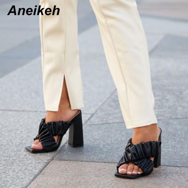 

aneikeh slippers women mules summer head peep toe square pleated high heel fashion slip on ladies party pu shoes 35-42, Black