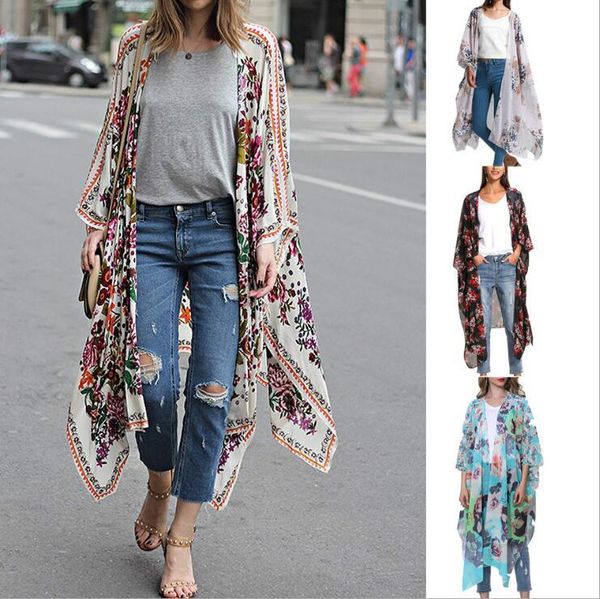 

women kimono cardigan bikini cover-ups suntan beach smock chiffon print wraps long sunblock shawls beachwear oversize blouse swimwear b5527, White;black