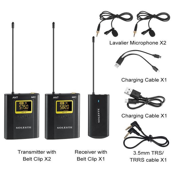 

wm-02 20-channel uhf wireless microphone system 1 receiver 2 transmitters lavalier 80m range for xlr camcorder dslr camera pc microphones