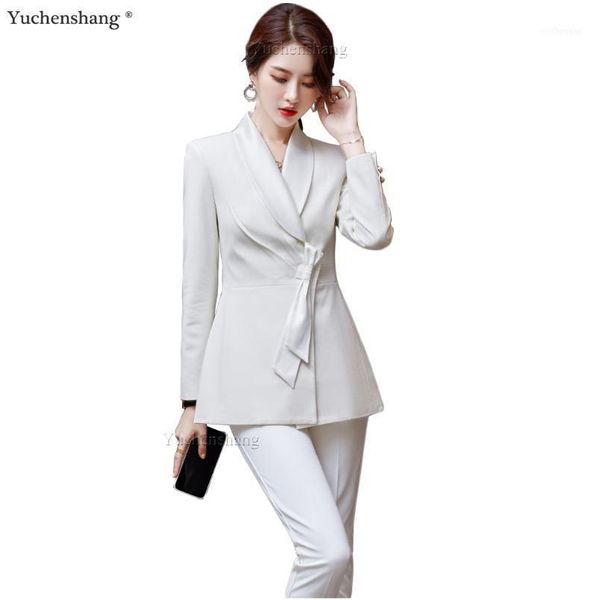 

women's two piece pants fashion pant suit with bow ladies white black dark blue formal 2 set blazer women plus size 5xl coat and pant1