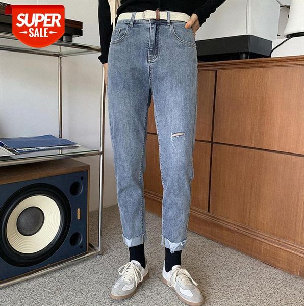 

huang zheng heavy industry frayed hemming elastic ripped jeans women korean style thin straight pants k8116 #hi6g, Black;gray