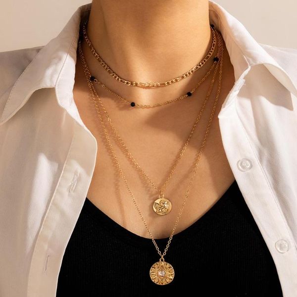 

huatang vintage crystal sun pendant necklace for women multilayer round coin gold clavicle chain lady party jewelry on the neck necklaces, Silver