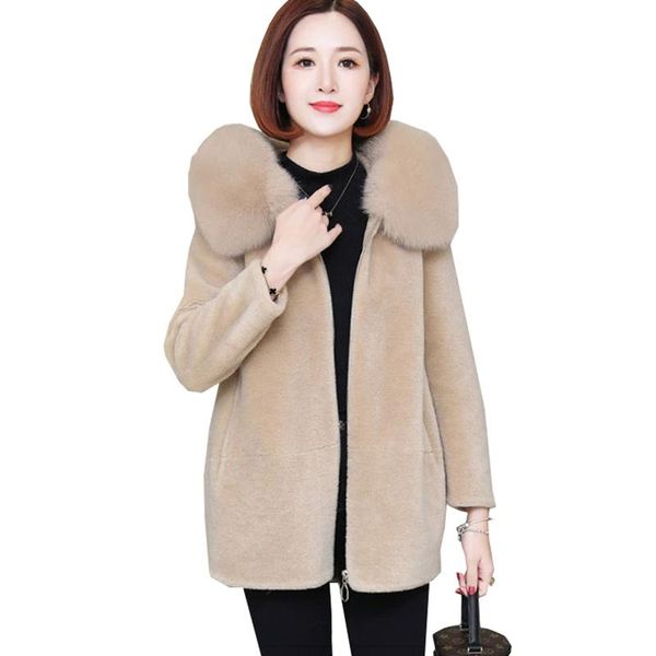 

women's fur & faux winter parker jacket female fashion loose hooded mom outerwear women oversize grain lamb plush warm overcoat lady, Black