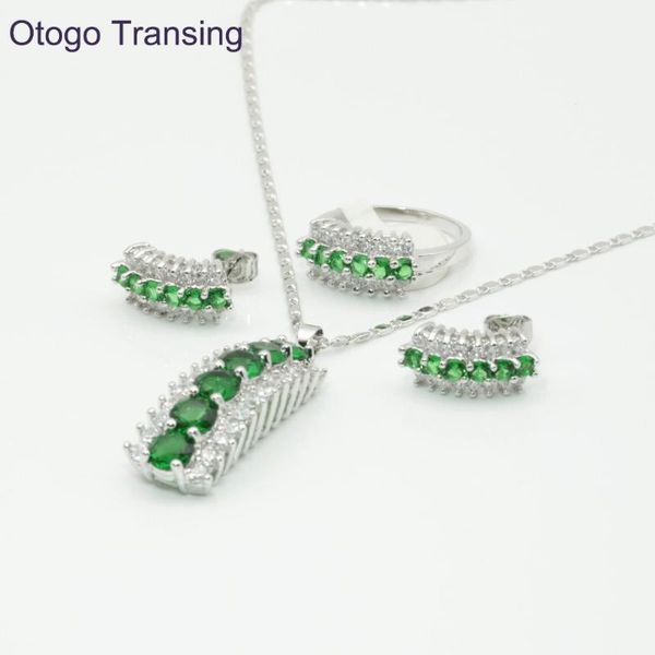 

earrings & necklace otogo transing 2021 party sets silver color for women fashion green + crystal ring mark s132