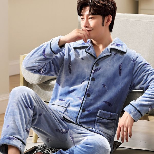 

men's sleepwear autumn and winter thick coral fleece pajamas cardigan large size youth flannel warm home service suit loose z5ta, Black;brown