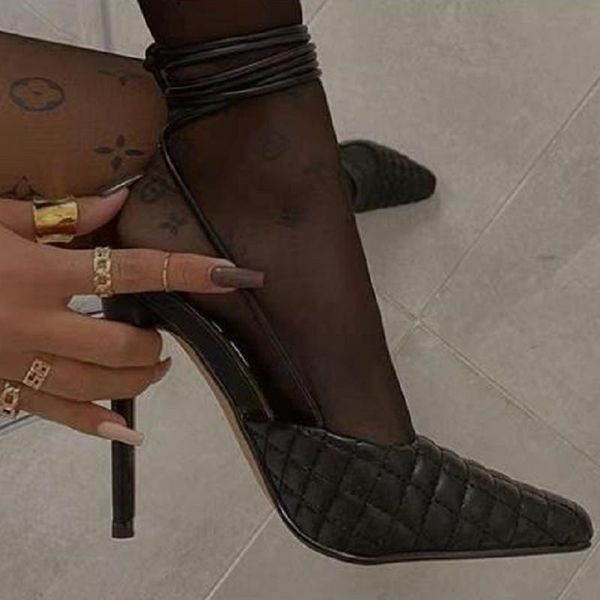 

sandals fashion black shoes pointed toe sewing design narrow band lace up cross strap party pumps size 35-40 vbcz