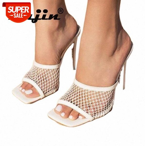 

Fujin New Sexy PU Square head Peep Toe High Heel Mesh Slippers Summer Fashion Slip On Thin Heels Slides Women Mules Party #Yl6w, Black
