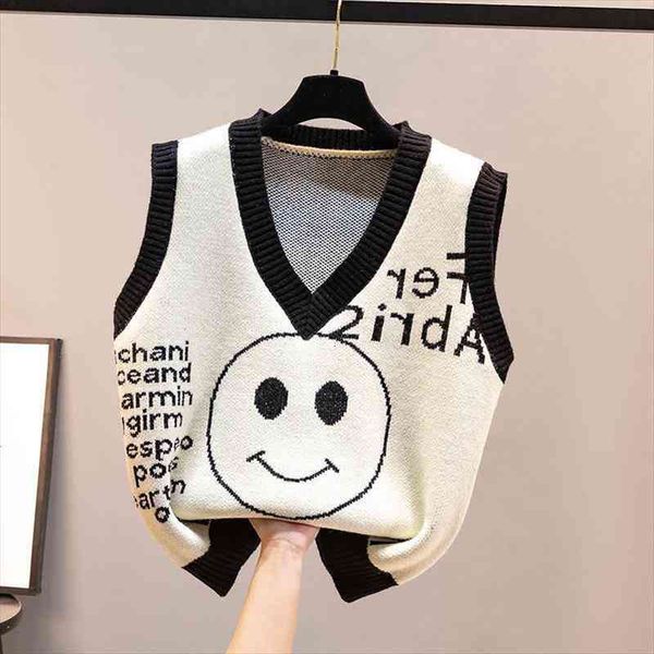 

spring and autumn style women sweater knitted vest korean ladies cartoon smile womens casual cotton, White;black