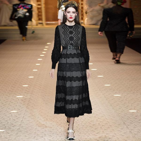

casual dresses 2021 spring/summer round neck lantern long sleeve dress, lace mesh heavy industry embroidery, perspective up dress, Black;gray