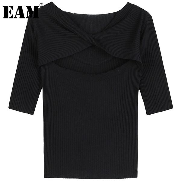 

[eam] women black casual cross hollow out knitting t-shirt round neck short sleeve fashion spring summer 1dd8005 210512, White