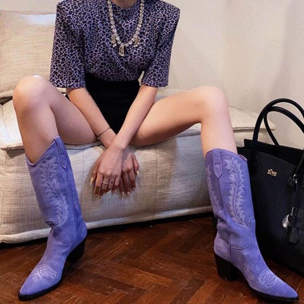 

boots embroidered western cowboy women suede pointed toe mid-calf cat high heels zipper knight winter botas mujer, Black