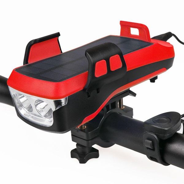 

bicycle headlight solar usb rechargeable 3 modes lamp front power bank 130db horn 4-6.5inch phone holder bike lights