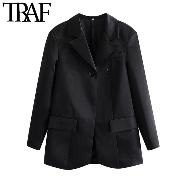 

traf women fashion single button loose fitting blazers coat vintage long sleeve back vents female outerwear chic 210415, Black;brown