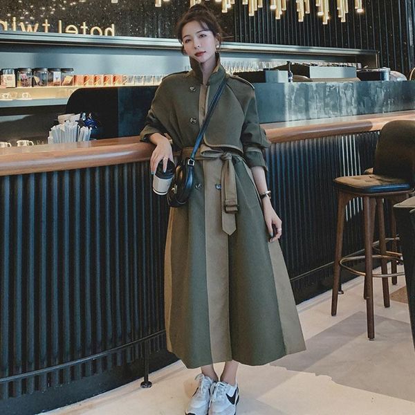 

women's trench coats autumn elegant mid-length color matching women british style beige double breasted female windbreaker coat, Tan;black