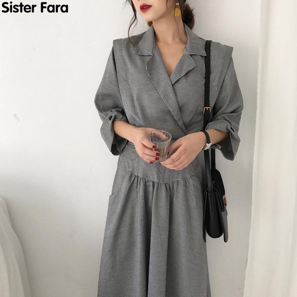 

sister fara spring 2021 women dresses fashion notched high waist irregular ankle-length dress autumn office lady casual, Black;gray