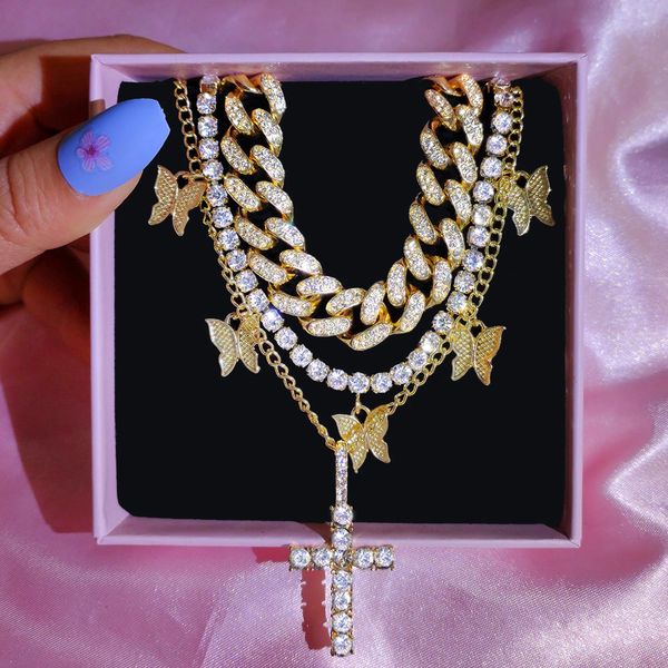 

flatfoosie punk cuban link chains choker necklaces for women multi-layer butterfly cross rhinestone pendant necklaces jewelry x0509, Black