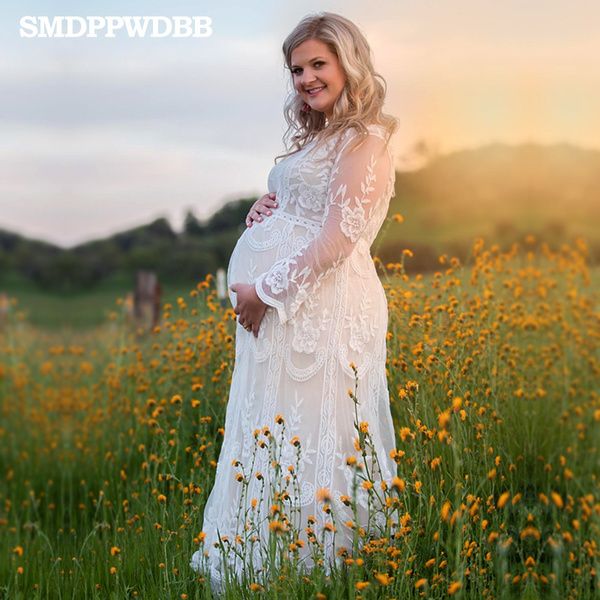 Baby-Dusche Mutterschaft Fotografie Requisiten Spitzenkleid Maxi Kleid Elegante Schwangerschaft Fotos Shooting Frauen Mutterschaft Plus Size Kleid Q0713