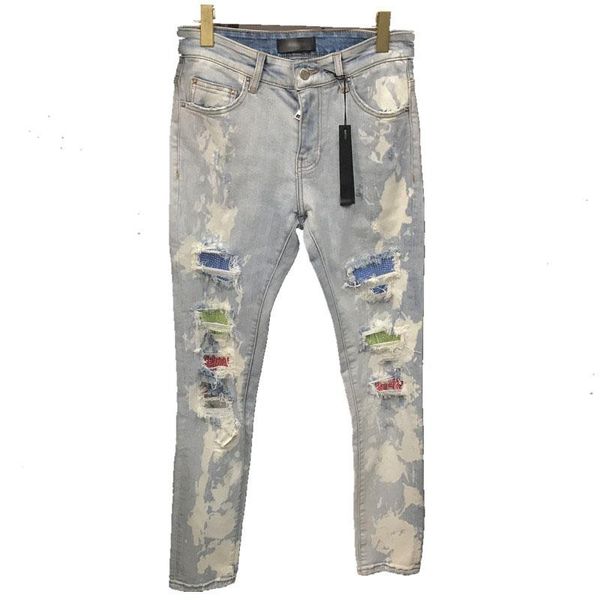 

men's jeans summer europe and america light blue bleached rhinestone color stitching holes slim male small feet 8161
