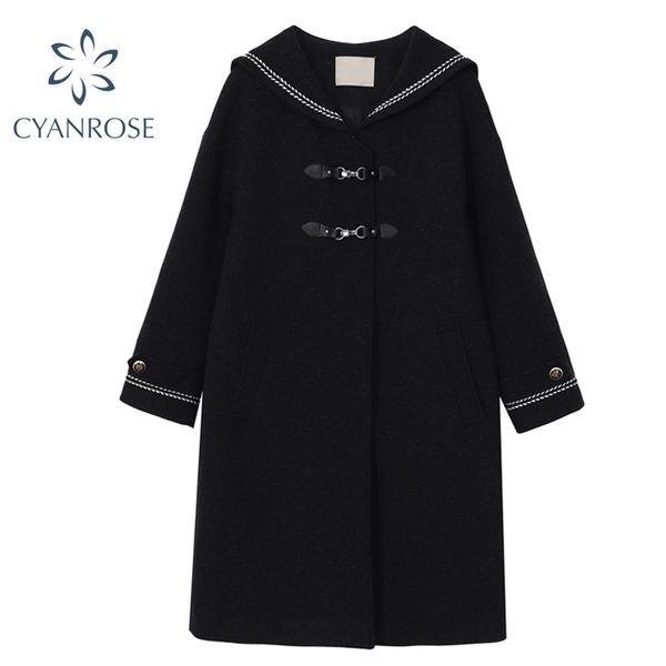 

dark vintage winter woolen coat women sailor collar two chic button korean preppy style jacket trench female loose overcoat lady 210430, Black