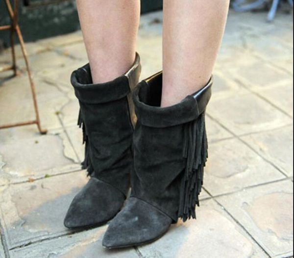 

boot grey/black/black fashion without fringe/black suede genuine middle calf to mixed colour women's shoe fringe