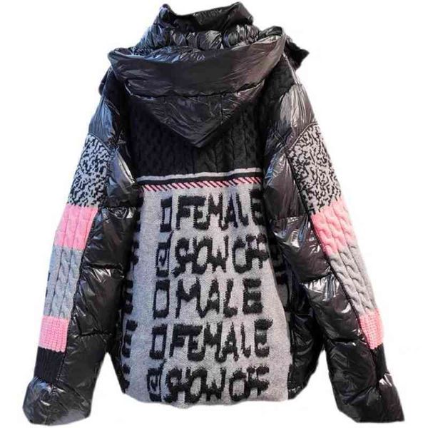 

european goods tide brand thickened warm knitting splicing hooded long sleeved down jacket women's loose contrast color cardigan coat i, Black