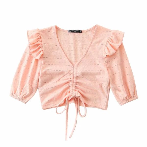 

women's blouses & shirts 2021 women v neck solid color drawstring ruffles blouse female court style short sleeve hollow out chic brand, White