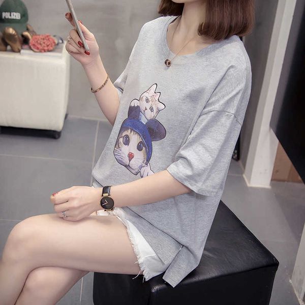 

plus size t shirt women vintage summer style lips embroidery cotton short sleeve o-neck pink white t-shirt clothing 210604