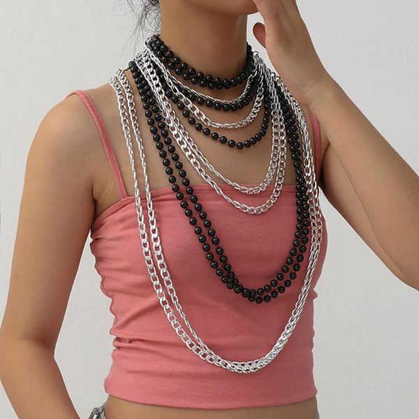 

pcs/set punk long chain black beads choker necklace for women multi layered big hip hop statement 2021 jewelry chains, Silver