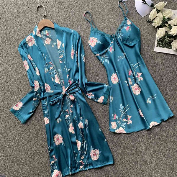 

nightwear spring summer new 2 piece set women night dress silk robe bathrobe nighty for ladies sleeping dressby air, Black;red