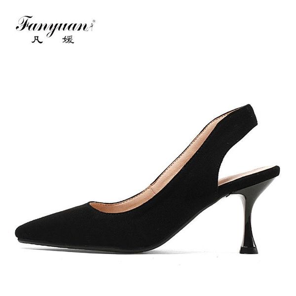 

dress shoes fanyuan spring woman high heel solid slingback ladies flock pointed toe footwear concise office, Black