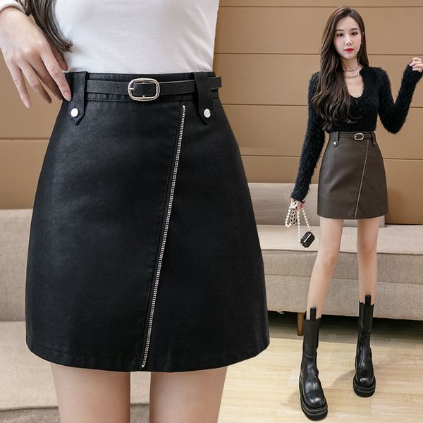 

skirts 2021 autumn and winter pu women's high waist thin careful machine a-bag hip small leather short skirt, Black