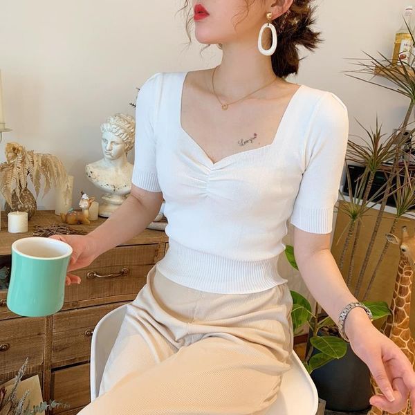

summer ice square neck silk women knit short sleeve slim casual solid thin, White