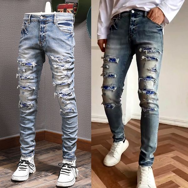 

broken jeans men's skinny fit paneled stretch denim trousers in blue