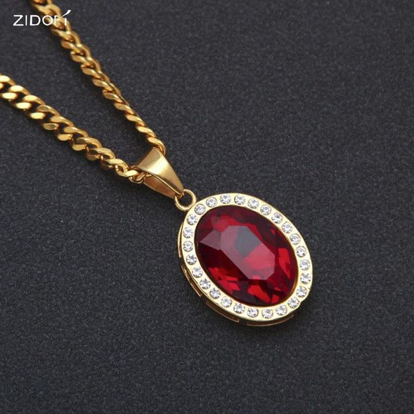 

pendant necklaces stainless steel men hip hop bling oval red gem gold color 70cm link chain trendy necklace women jewelry, Silver