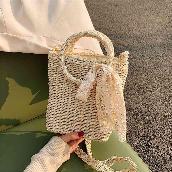 

straw women's 2021 new bow knitted bucket bag