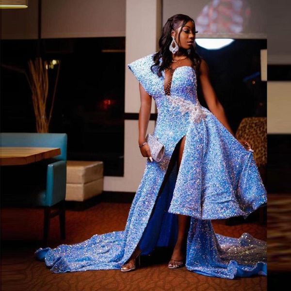 

party dresses african sequined light blue prom sheer o neck high side slit evening dress for black girla robes de cocktail, White;black