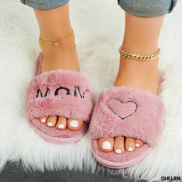 

slippers warm fluffy women faux fur slipper female indoor floor slides flat soft furry house shoes letteer flip flops ladies, Black