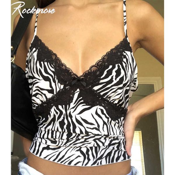 

rockmore patchwork lace low cut tank women zebraprint spaghetti strap crop streetwear cami v-neck club party y2k 210608, White