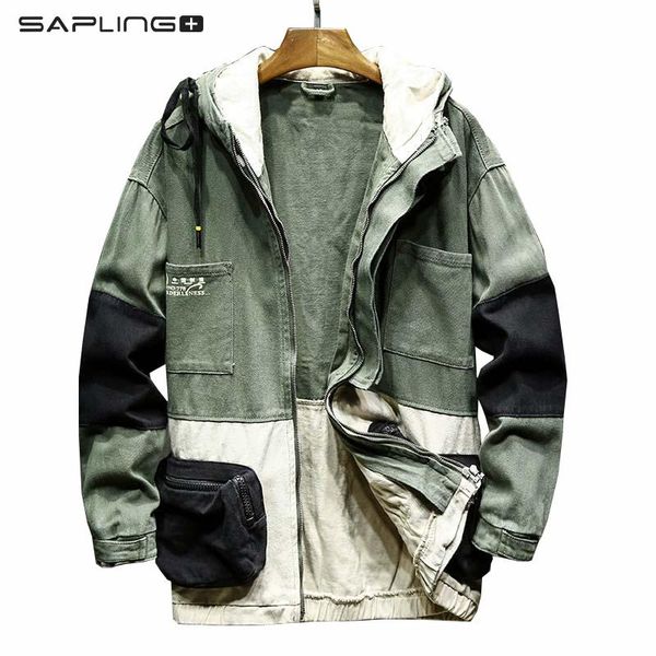 

men's jackets mens denim hoodie jacket multi-pocket colors panelled outerwear autumn loose fit jeans coat man fashion, Black;brown