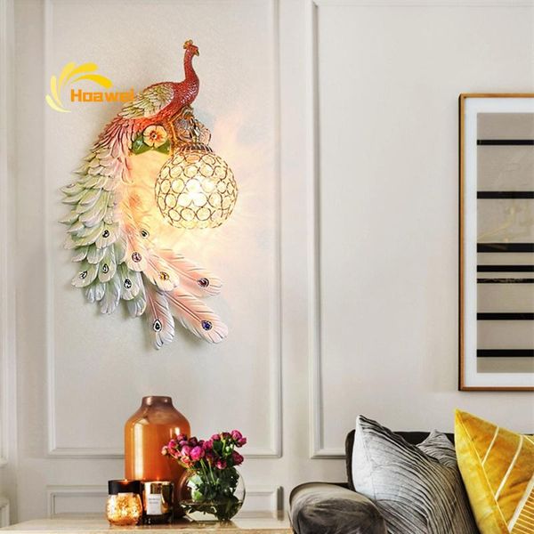 

luxury vanity light wall lamp colorful peacock crystal bedroom bedside resin sconce lamps industrial decor