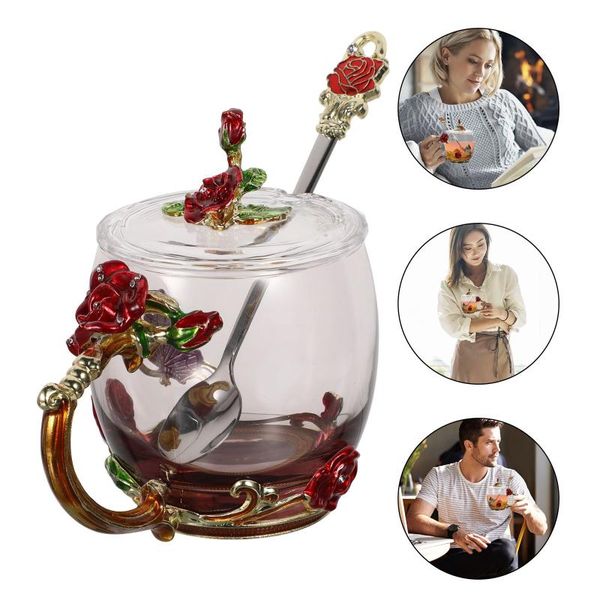 

mugs 1 set enamel flower glass tea cup coffee red rose water mug with lid spoon