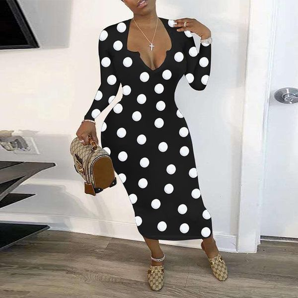 

fashion street fair maiden style long dresses sleeve round collar dot ankle-length casual, Black;gray