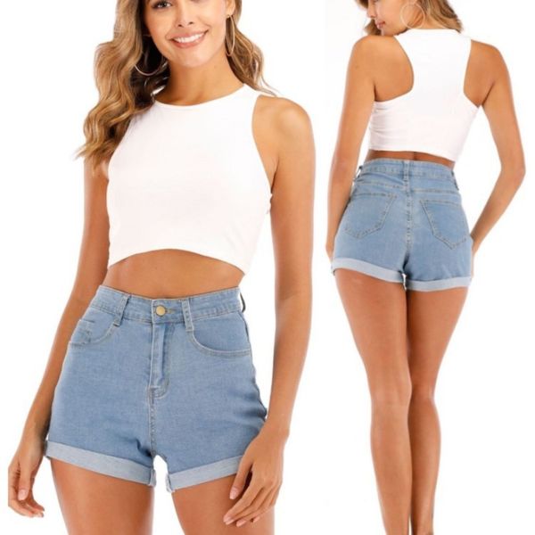 

fashion a pair of jeans 2021 summer high waist curled denim shorts women's straight pants, Blue